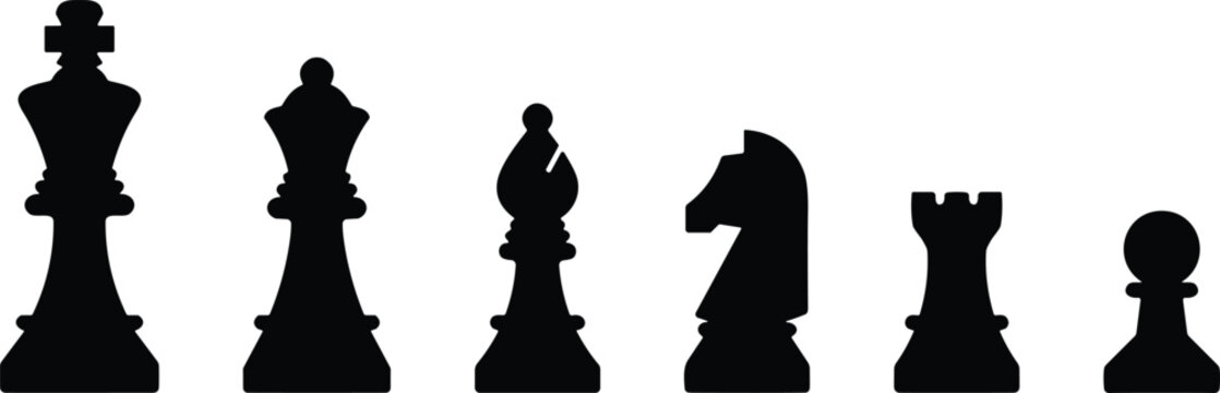 Chess pieces silhouette, king, queen, bishop, knight, rook, pawn, black icons, strategy, game, isolated, vector, symbols, classic, tournament, abstract, minimal, 
