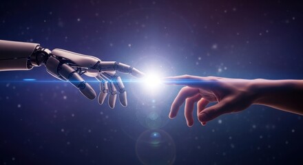 Robotic hand meets human finger in futuristic digital art with glowing light