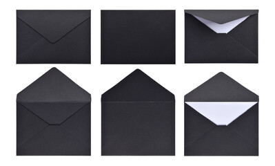 Set of black envelopes isolated on white background