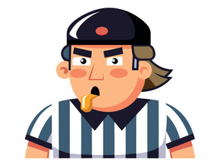 Cartoon umpire with a whistle in his mouth making a call during the game