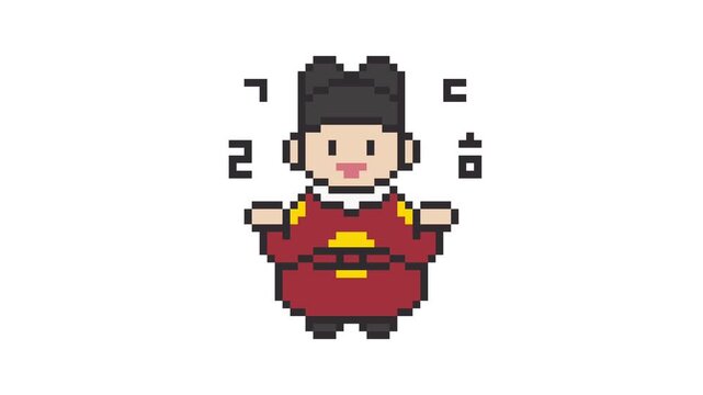 Cute 4K Pixel Art Animation of King Sejong the Great Sitting in the Center with Korean Consonants Hangeul Floating Around. Animated Korean Culture and History Concept Looping Video