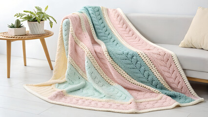 A cozy knitted throw blanket with pastel stripes and cable knit patterns draped over a sofa