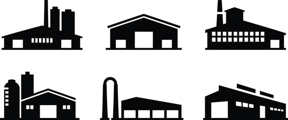 Industrial building silhouettes, factory icons, warehouse shapes, black vector buildings, architectural structures, urban design elements, manufacturing facility graphics, chimney towers