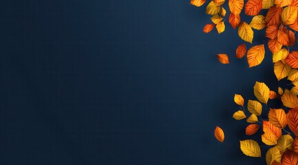Autumn leaves in vibrant shades of orange and yellow falling against a dark navy blue background with copy space