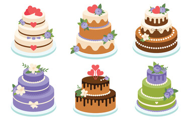 Six decorative tiered cakes with floral and heart embellishments