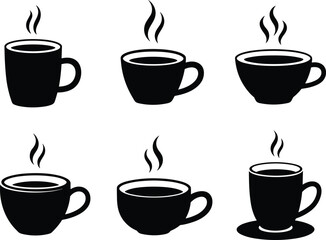 Obraz premium Coffee cup silhouette set, black and white vector, hot beverage icons, steam rising, mug design, cafe symbol, drink illustration