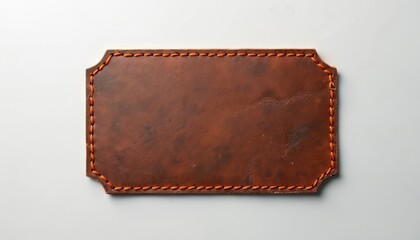 Brown leather label with orange stitching detail isolated on light background. Rectangular patch rugged texture, perfect for denim applications, casual attire branding. High-quality material suggests