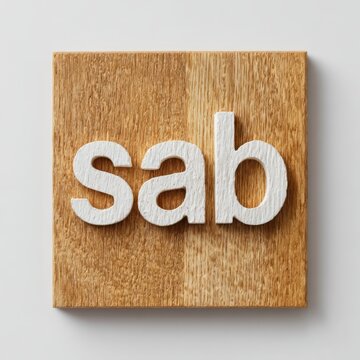 Wooden Square Block with White Letters Spelling Sab on Light Gray Background