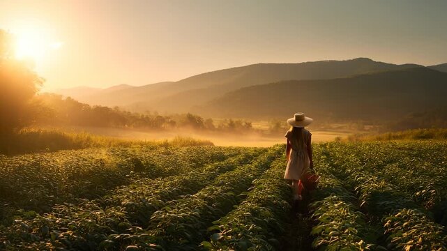 Walking through field at sunrise woman wearing straw hat carries basket among crop row with mist rising near mountain range and golden light bathing farm and rural landscape in warm dawn glow