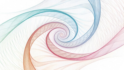 A vibrant abstract spiral pattern with flowing lines in shades of blue, pink, and orange