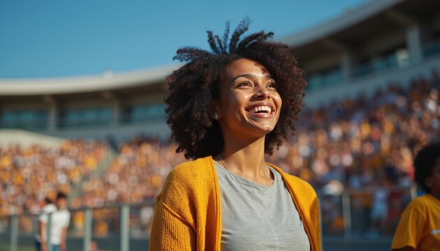 Cheerful Latin mom watches school sports event in stadium. Expresses pride, excitement supporting child. Captures family bonding, community spirit, thrilling sports moments. Vibrant scene of