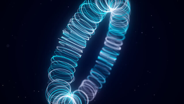 Abstract torus with blue dots and lines. 3D futuristic geometric wireframe shape. Technology network connection big data. Science background. Twist objects in dark cyberspace. 3D rendering.