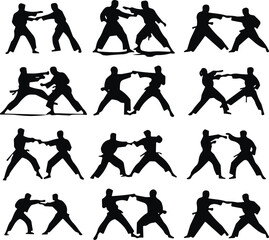 Martial arts silhouette poses, combat training sequence, self-defense techniques, sparring stances, dynamic movement, black figures, fight choreography illustration