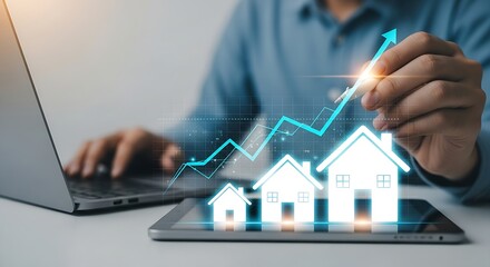 Businessman analyzing real estate market growth with chart and house icon