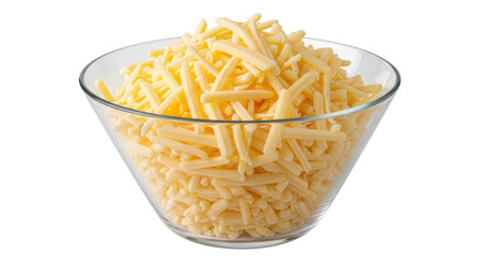 Isolated Grated Cheddar Cheese in Glass Bowl