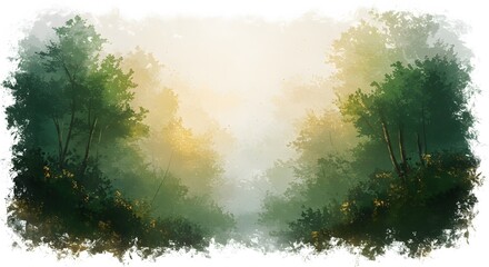 Golden mist creates tranquil atmosphere in green abstract painting
