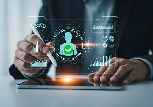 Person using tablet with data analysis and user profile for business