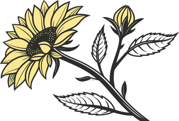 Realistic Sunflower Illustration in Bright Yellow. Detailed Sunflower Artwork with Green Stem. Botanical Sunflower Drawing in Natural Style. Elegant Sunflower Painting with Vibrant Petals Beautiful