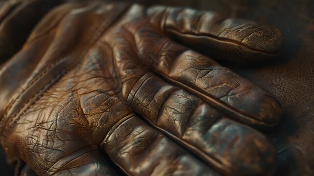 Close-up view of a pair of leather gloves with detailed stitching and texture
