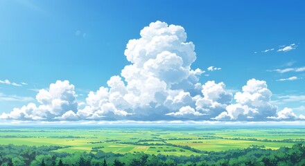 Bright daylight reveals a beautiful cloud horizon over green fields and blue skies