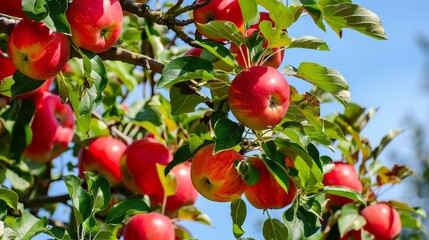 The Bright Red Apples Are Hanging on the Tree: Sun-Kissed Red Apples Draped on Branches, Fresh Juicy Fruits Glowing in Sunlight, Vibrant Orchard Scene Capturing Harvest Season Charm