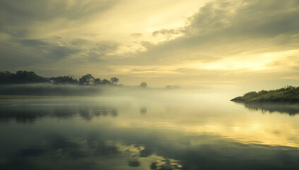 Fototapeta premium mysterious and serene landscape of wide calm of water at sunrise