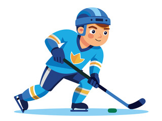 Obraz premium Cartoon hockey player in blue uniform skating with a stick on the ice rink