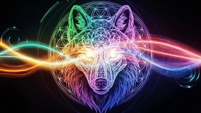 Rainbow Wolf Artwork with Glowing Energy Streams and Geometric Background Elements