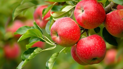 Obraz premium The Bright Red Apples Are Hanging on the Tree: Sun-Kissed Red Apples Draped on Branches, Fresh Juicy Fruits Glowing in Sunlight, Vibrant Orchard Scene Capturing Harvest Season Charm
