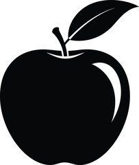 Apple silhouette with leaf, minimalist black fruit icon, vector illustration on white background for logo, design, and educational use