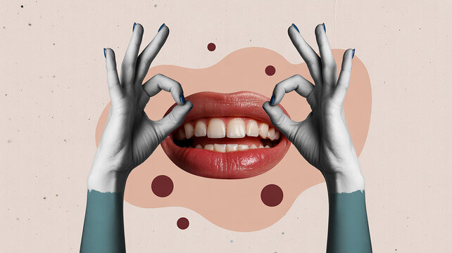 Surreal collage of open mouth and hands making ok gesture