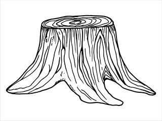 Hardwood tree stump. Front view of wood trunk. Vector illustration of piece of wood. Simple black graphic hand drawn in doodle style. Outline drawing of natural element. Rustic design for packaging