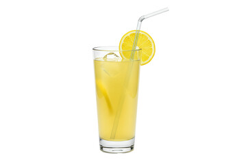 Isolated glass of lemonade with lemon slice and straw, refreshment, summer beverage