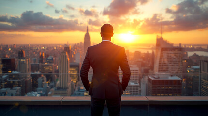 Fototapeta premium The Power of Leadership. dressed in a sharp business suit, stands on a rooftop overlooking a bustling cityscape at sunset. They are looking out over the city with a sense of purpose and vision