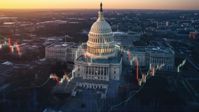 Aerial view of the united states capitol building with superimposed stock market candlestick charts at dusk