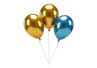 Isolated bunch of shiny balloons, gold and blue, holiday party decoration, floating air balloon