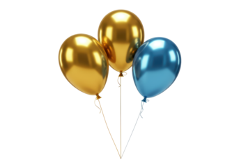 Isolated bunch of shiny balloons, gold and blue, holiday party decoration, floating air balloon