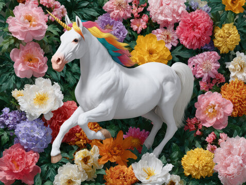 White unicorn with rainbow mane and golden horn trotting among vibrant peony and dahlia flowers conveying joyful fantasy and wonder