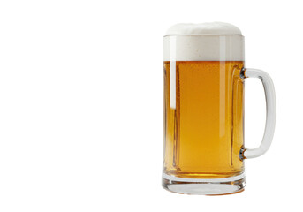 Isolated mug of golden beer with thick foam sitting in the light without shadows, clear glass