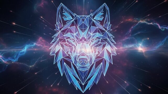 Abstract polygonal wolf head with cosmic background and glowing star trails animation, energetic