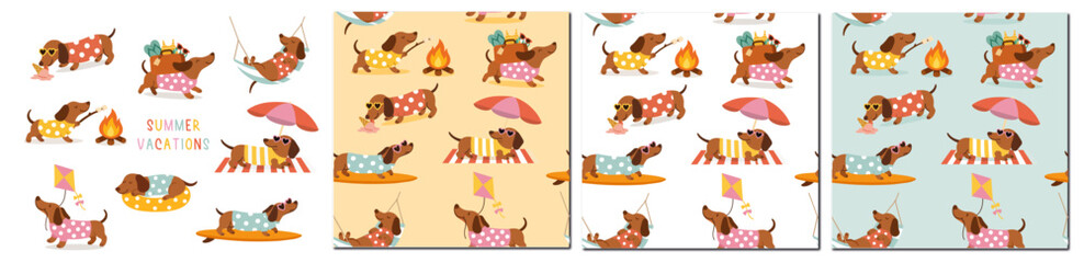 FULL SET OF  DACHSUND  IN SUMMER VACATIONS - CUTE DOG ILLUSTRATION AND PATTERN FOR INVITATIONS, GREETING CARD AND PRINTS © StudioCreaczyk