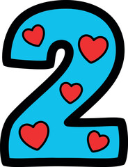 Cute blue number 2 decorated with red hearts for kids celebrations vector