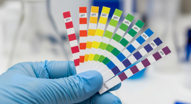 A gloved hand holds a fan of pH test strips displaying a spectrum of colors, indicating varying acidity levels in a laboratory setting.