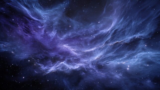 Vibrant cosmic scene with swirling blue purple nebulae and scattered stars, space exploration concept, astronomy media background, sci-fi digital art visuals

