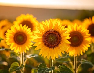 Obraz premium Vibrant sunflowers in a field at sunset