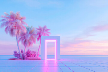 Vaporwave dreamscape with wireframe palm trees and neon arch sunset