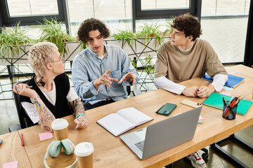 Fototapeta premium Collaboration among youth in modern office setup fosters creativity and innovation