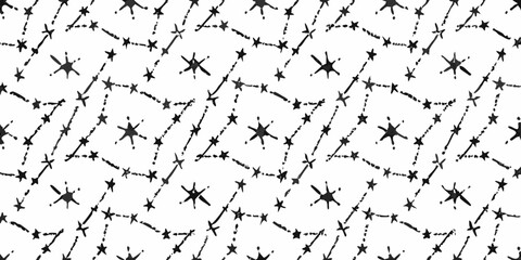 Black and white abstract pattern of stars and constellations on white background