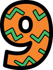 Vibrant cartoon number nine with tribal pattern and bold outline vector