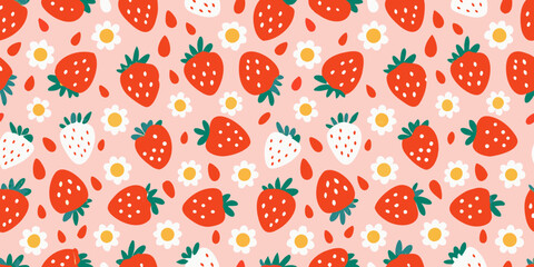Cheerful repeating pattern of strawberries and daisies on a pink background flowers